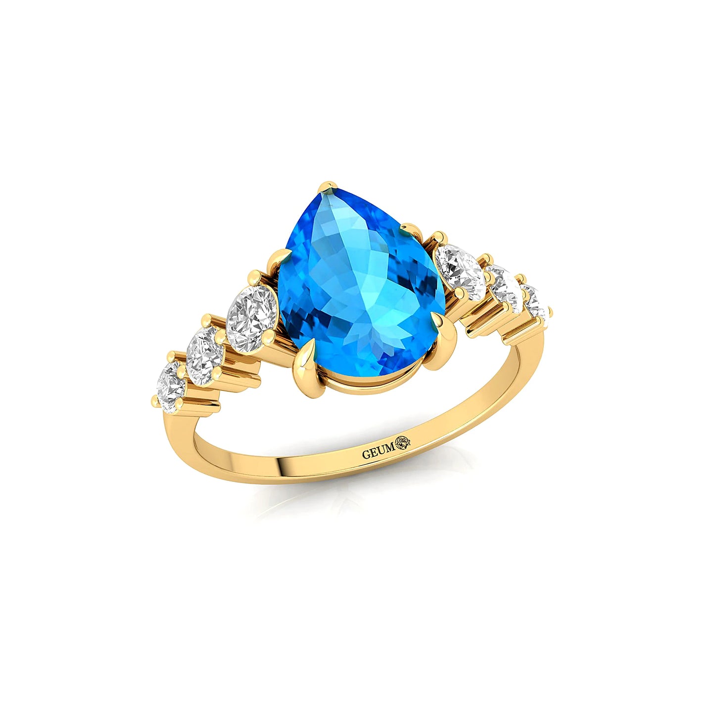 14K Pure Yellow Gold Ring Natural Swiss Blue Topaz Gemstone Women Classic Cluster Bridal Engagement Rings Real Gift for Her