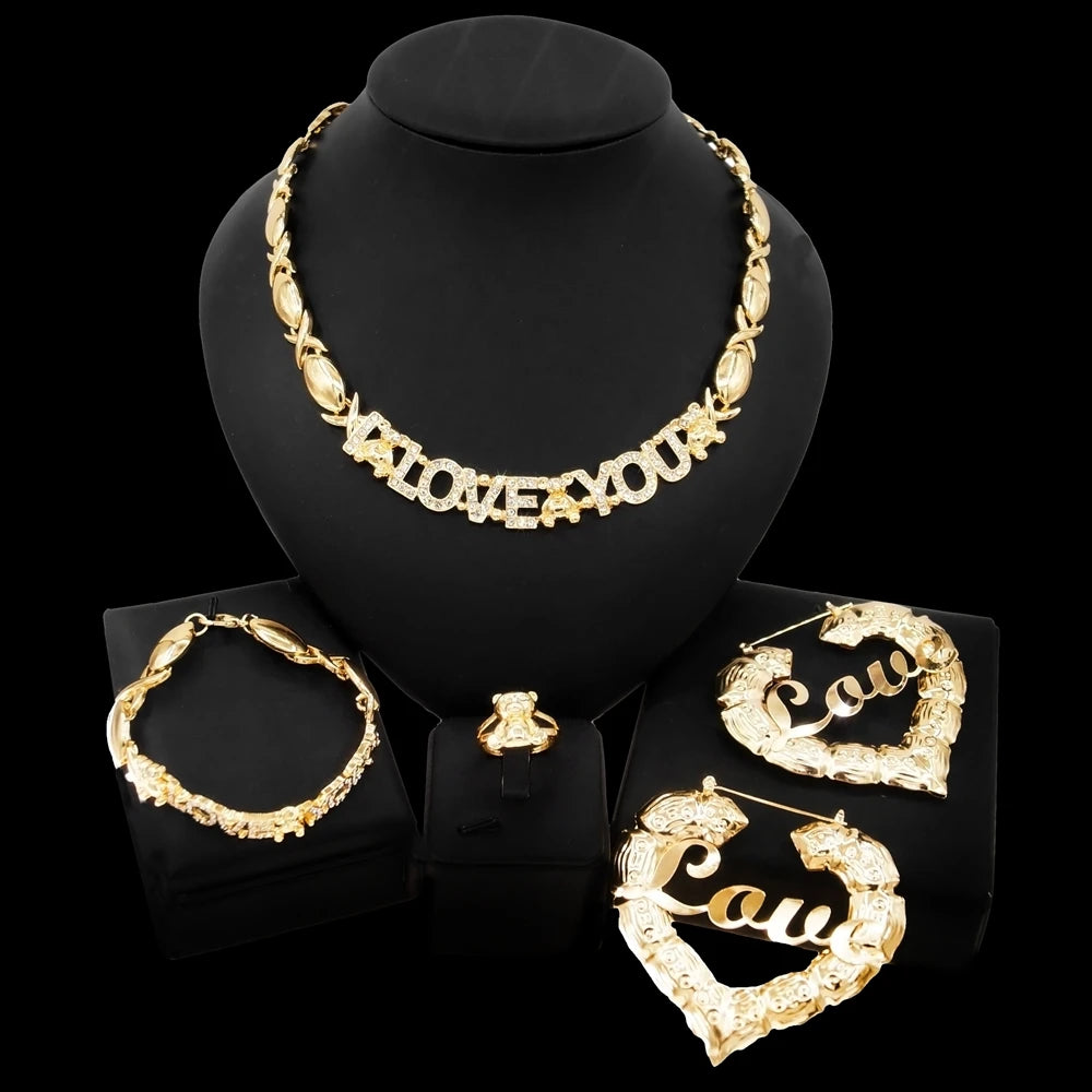 Zhuerrui Factory Direct I Love You Shiny Necklace Jewellery Set American Wedding Women Party Beautiful Gold Plated Sets X0142