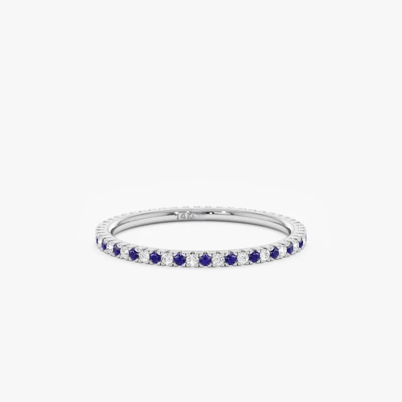 14k Pure Gold Alternating Full Eternity Ring Sapphire Gemstone Women Wedding Engagement Anniversary Party Classic Prong Setting