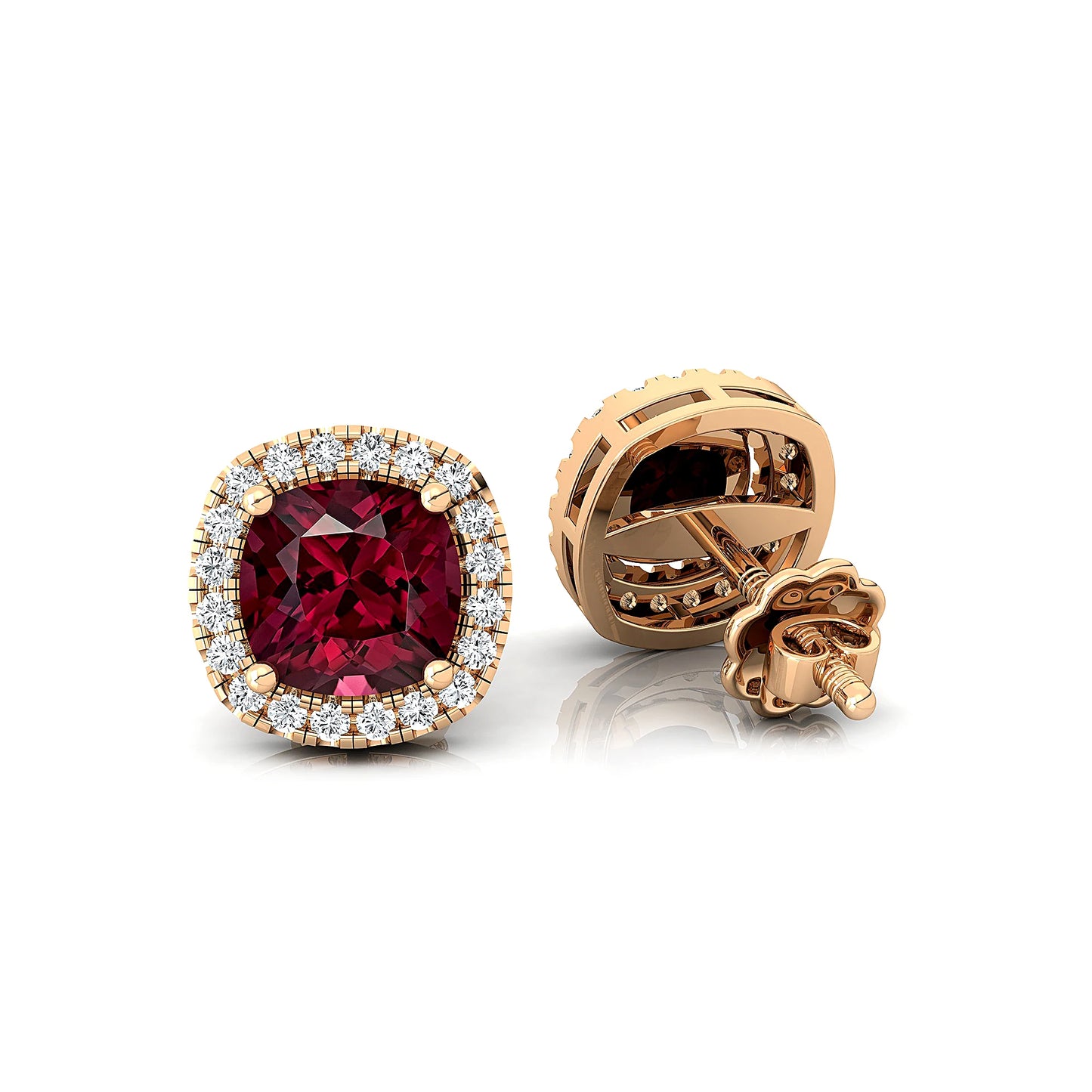 18k Solid Gold Cute Dainty Studs Cushion Cut Natural Garnet Rhodium Plated Push Back Stud Earrings With Real Diamonds Jewelry