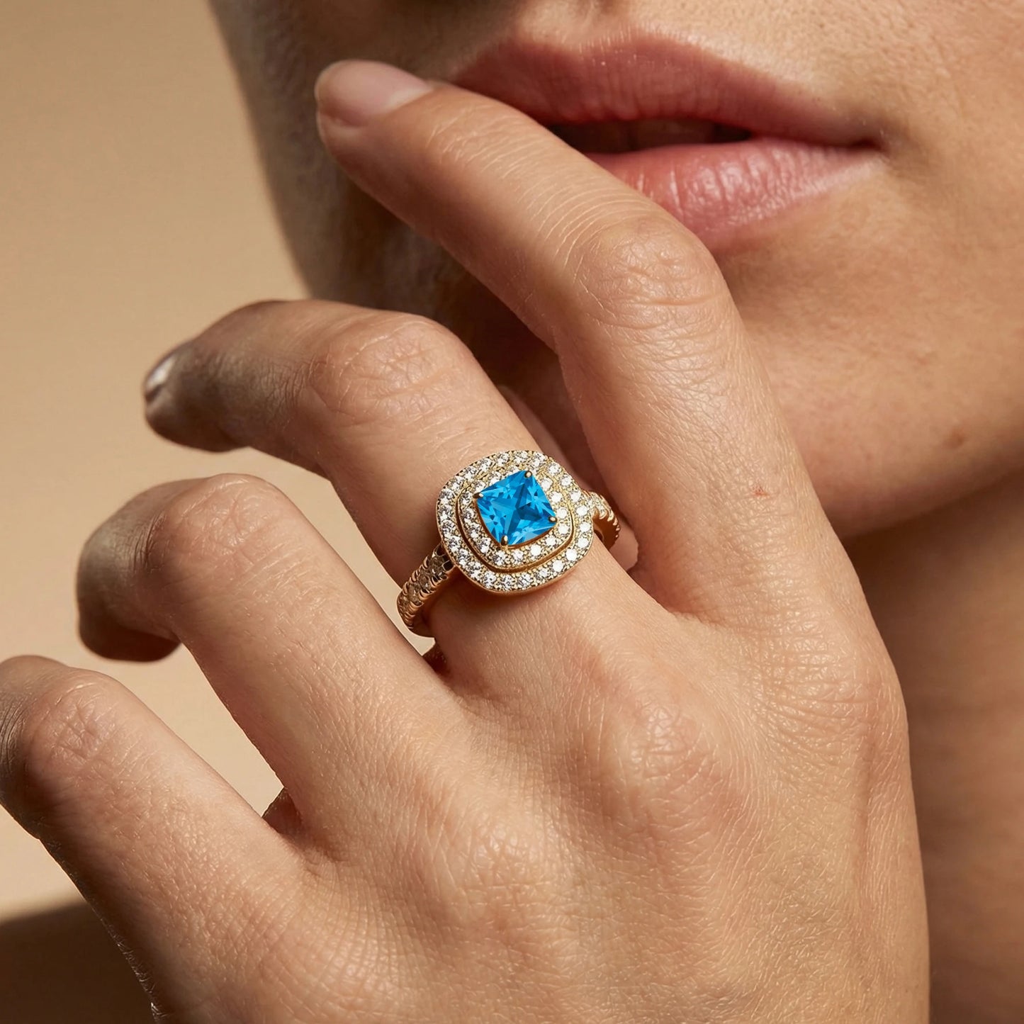 14k Solid Gold Rings Cushion Cut Natural Swiss Blue Topaz Gemstone Real Diamonds Rhodium Plated Classic Luxurious Halo Ring