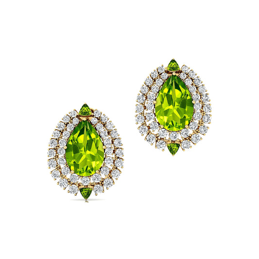 Luxurious Cute Halo Pear Cut Stud Earrings for Women Natural Peridot Gemstone and Real Diamonds Halo Studs 14k Solid Gold Gift