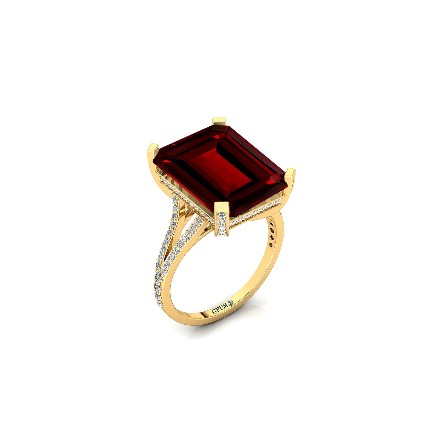 Natural Garnet Gemstone Emerald Cut Birthstone Solid Gold Wedding Ring IGI Certified Genuine Diamonds Rhodium Plated Luxury
