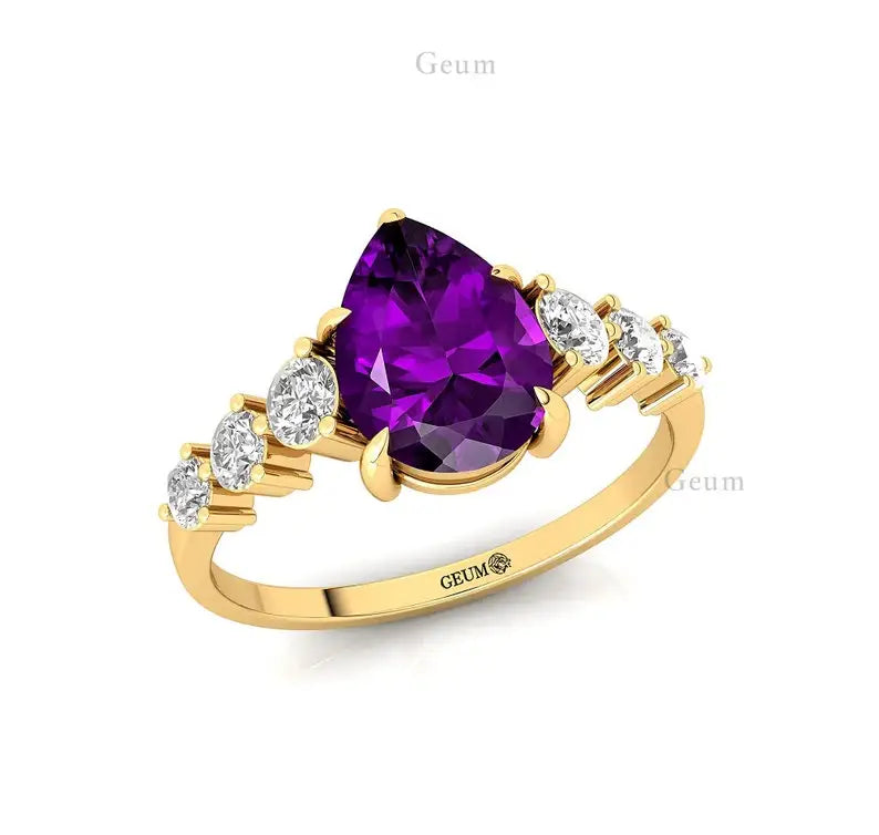 Natural February Birthstone Amethyst Gemstone Diamond Classic Wedding Anniversary Ring 14k 18k Solid Gold Bridal Jewelry Women's