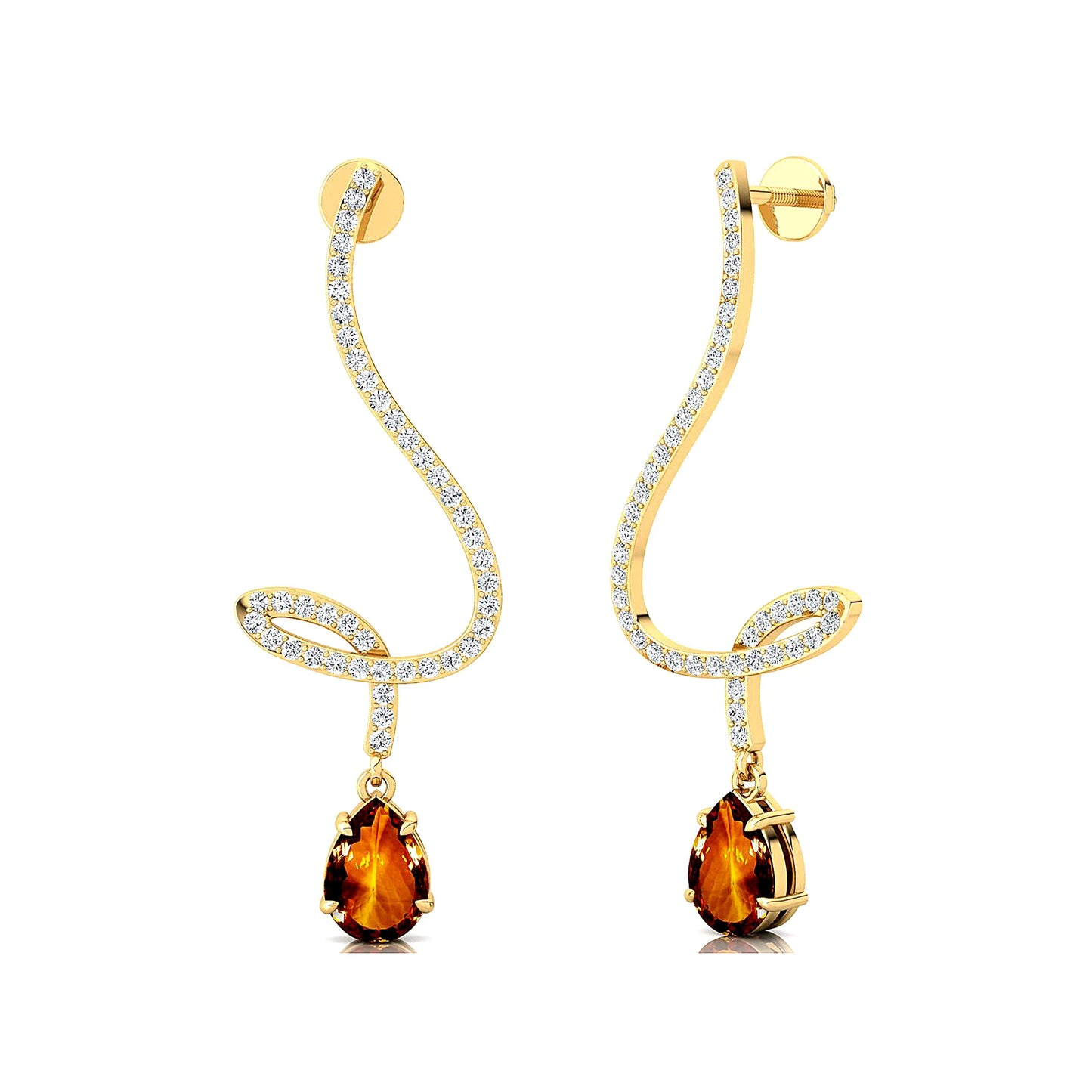 Trendy 18k Solid Gold Dangling Drop Earrings Studs Pear Cut Natural Citrine Gemstone & Real Diamonds Wedding Gift Earrings