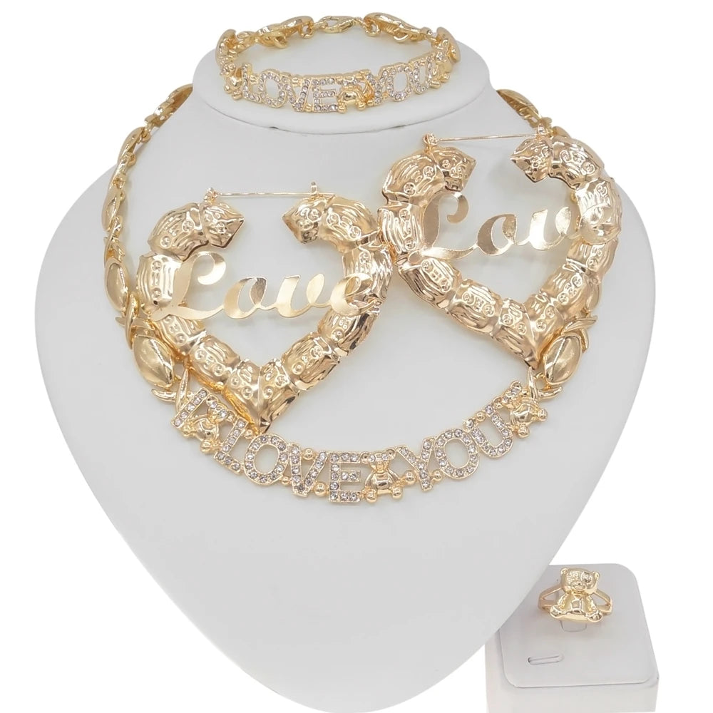Zhuerrui Factory Direct I Love You Shiny Necklace Jewellery Set American Wedding Women Party Beautiful Gold Plated Sets X0142
