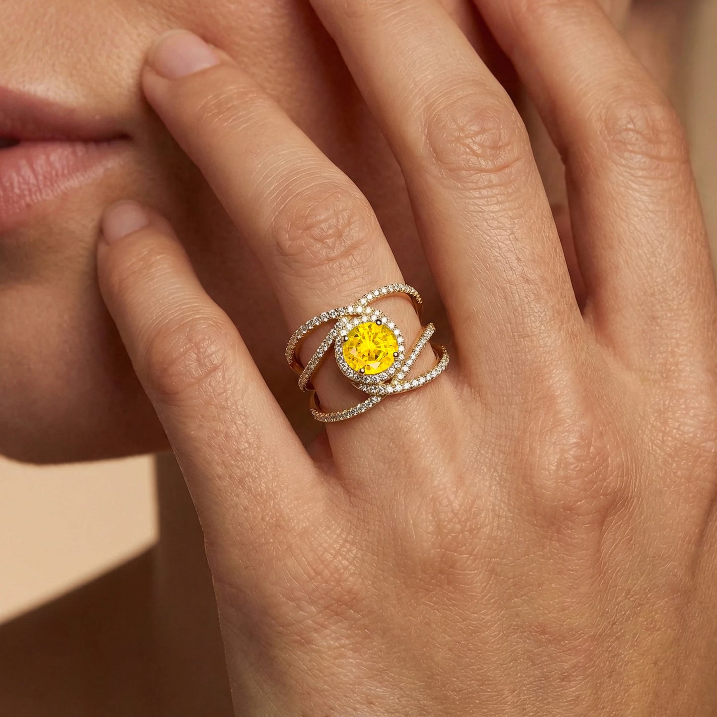 Luxurious Fashionable Design 14k Gold Wedding Ring Adorned With Lab Grown Yellow Sapphire Gemstone & Natural Diamonds Halo Ring