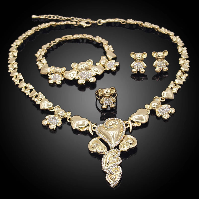 Zhuerrui Newest Design 14K Gold Plated Wedding Party Jewelry Sets I Love You Xo Big Teddy Bear Hug and Kiss Jewelry Set X0077