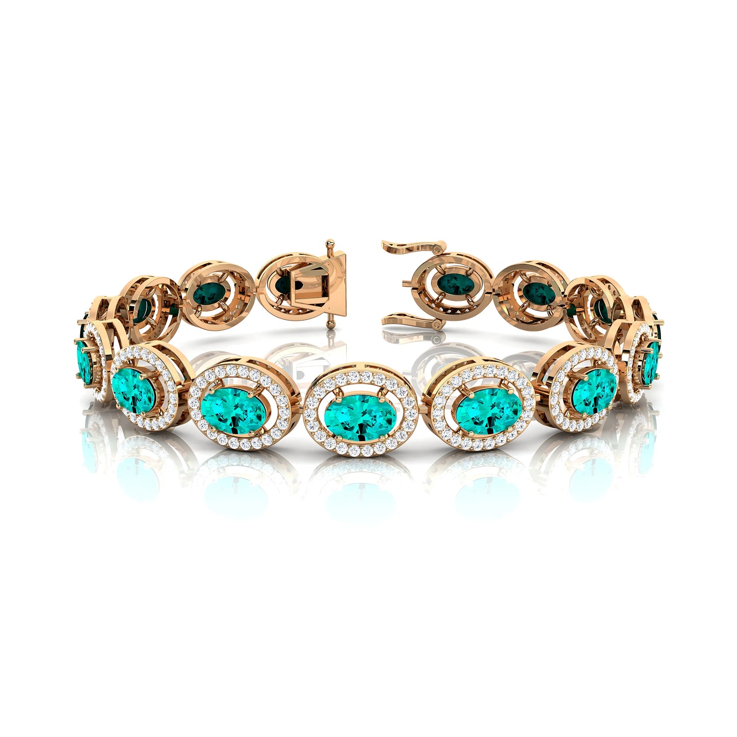14k Gold Oval Lab Paraiba Tourmaline Gemstone & Diamond Tennis Chain Bracelet Custom New Fine Jewelry Unisexual Tennis Bracelets