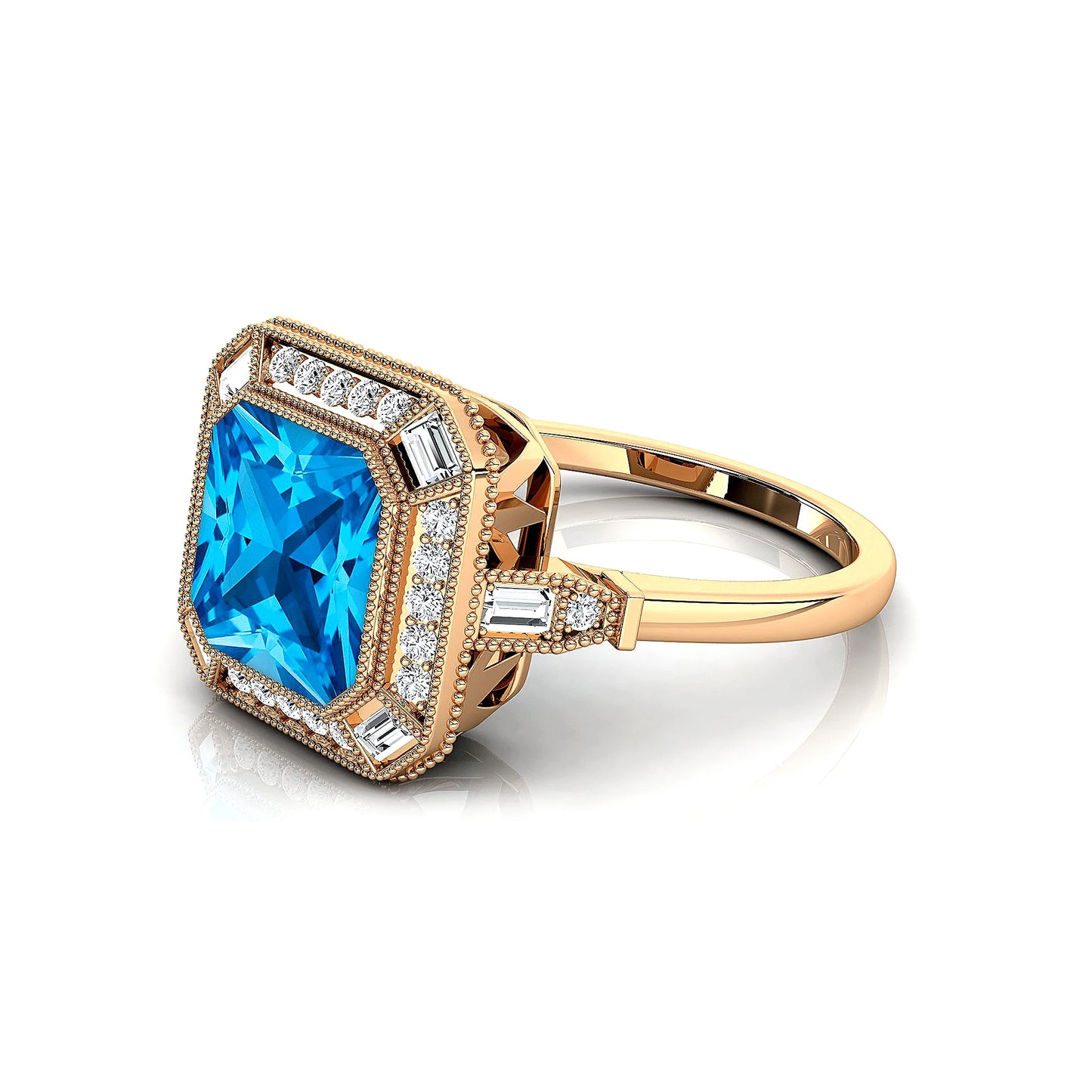 18k Solid Gold Rings Swiss Blue Topaz Gemstone Fine Real White Diamonds Baguette Cut Rhodium Plated Jewelry Weddings Ring Gift