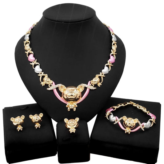 Zhuerrui Tricolor Gold Plated Diamond Teddy Bear Necklace Bracelet Ring Earrings Banquet Jewelry Set X0185