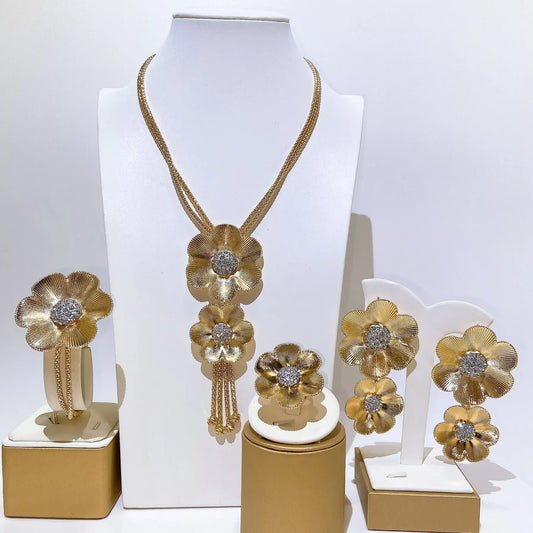 Zhuerrui Gold Plated Brushed Flower Tassel Jewelry Set 4PCS Dubai African Bridal Wedding Necklace Earrings Bracelet Ring I0167