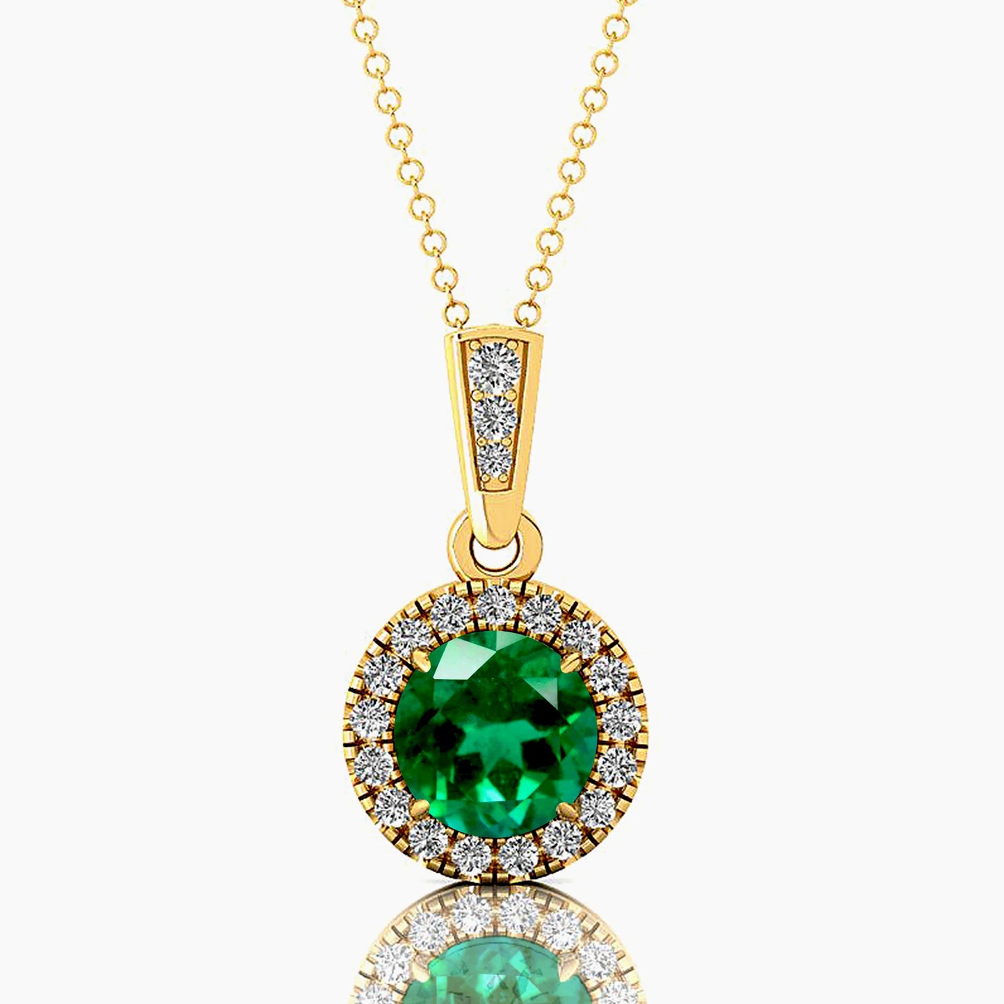 Halo Solitaire Charm Pendant Necklace Lab Grown Emerald Gemstone Genuine White Diamonds Cute Style Rhodium Plated Certified Gold