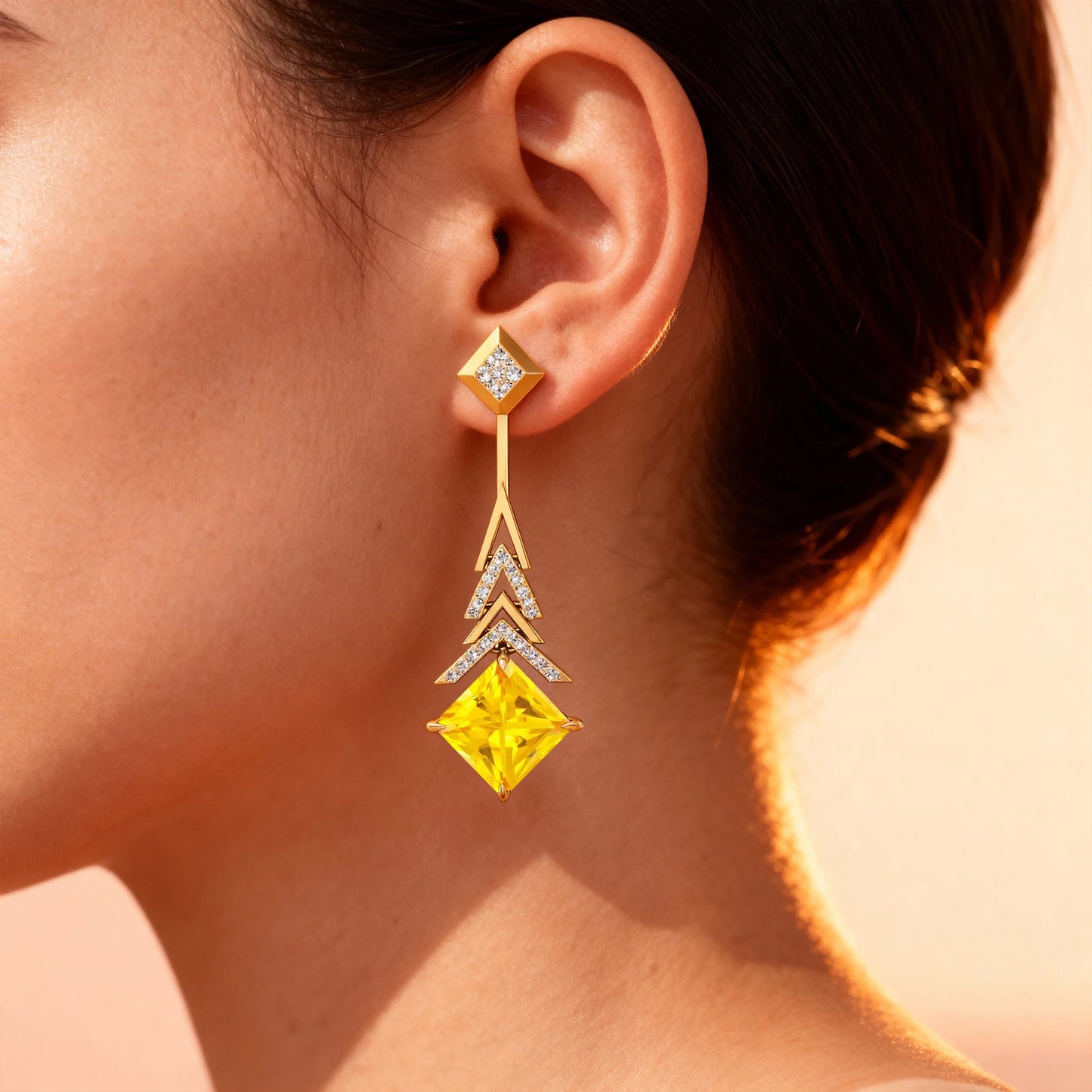 18K Gold Lab Grown Yellow Sapphire Gemstone Real Diamond Drop Earrings Luxurious Fine Fashionable Wedding Party Jewelry Earrings