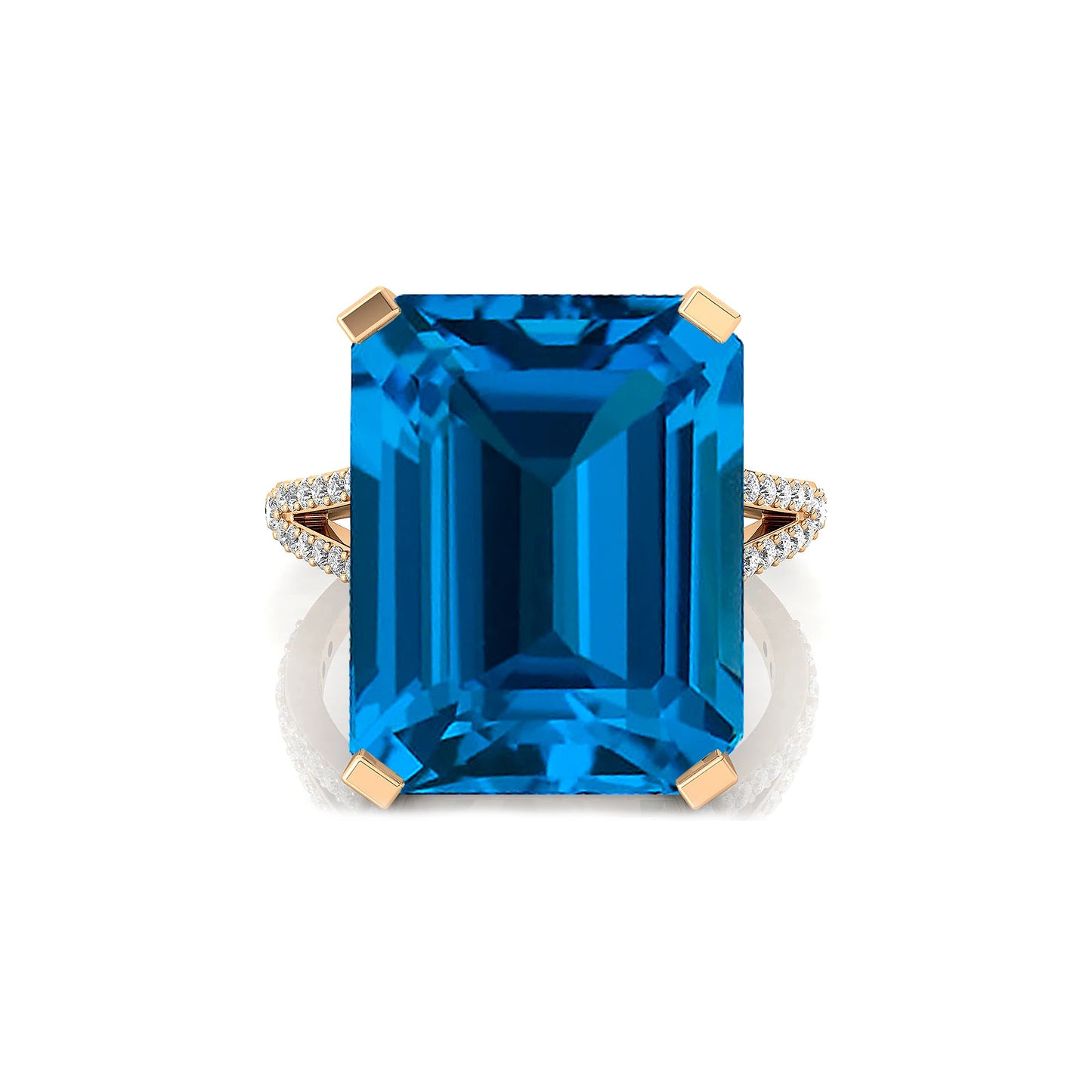 18K Pure Gold Natural London Blue Topaz Gemstone 13.5ct Emerald Shape Rings Brilliant Cut 114 Diamonds IGI Certified Unisex