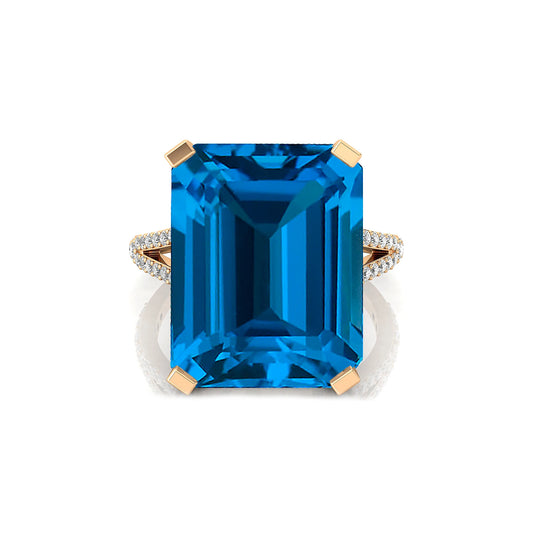 18K Pure Gold Natural London Blue Topaz Gemstone 13.5ct Emerald Shape Rings Brilliant Cut 114 Diamonds IGI Certified Unisex