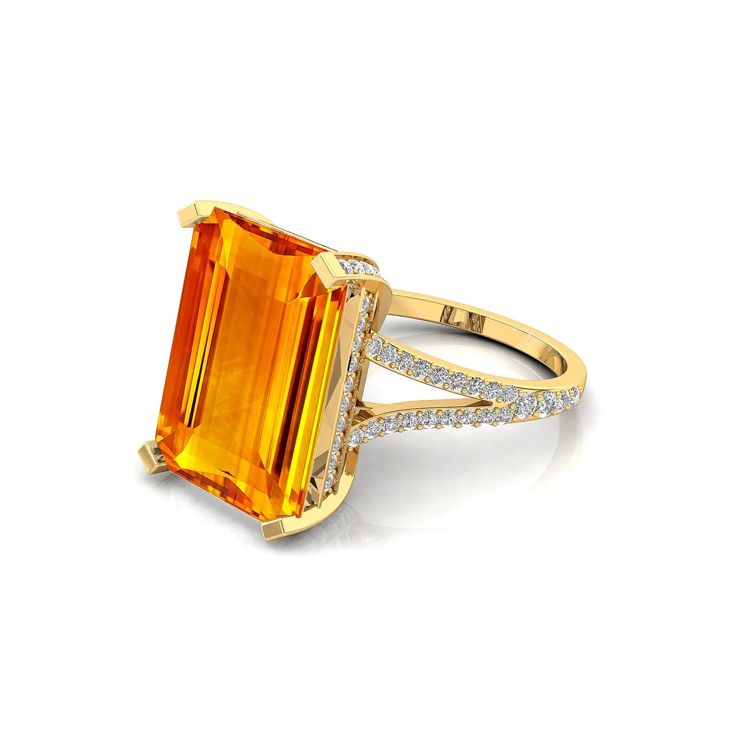 Emerald Cut 100% Natural Citrine Gemstone Cluster Rings 18K Gold IGI Certified 0.54 Carat Real Diamonds Rhodium Plated Prong