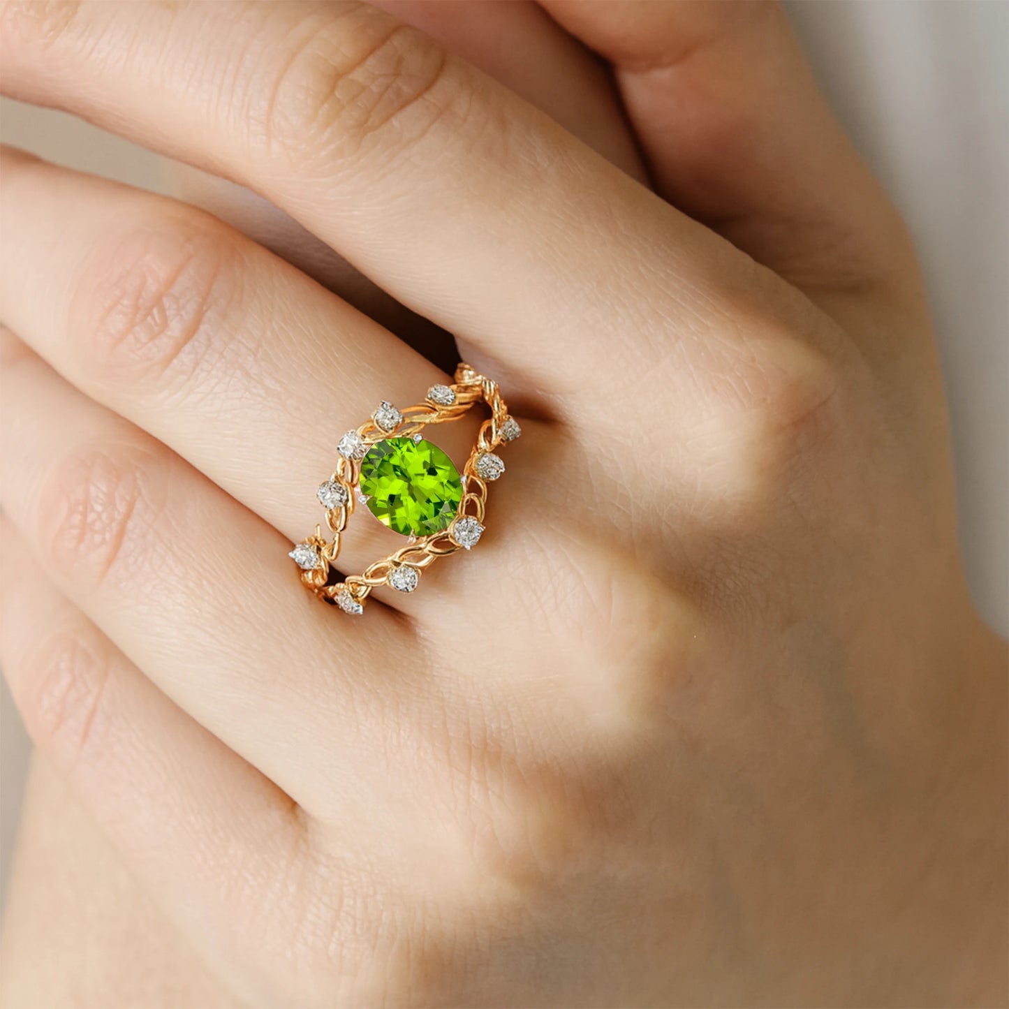 14k Yellow Solid Real Gold Oval Cut 1.35 Green Natural Peridot Gemstone Rings With Natural Diamonds Luxurious Anniversary Rings