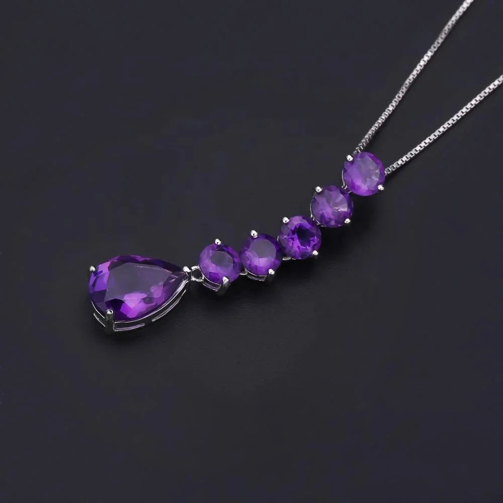 ArtistA Abiding Vintage Pear Cut Natural Amethyst Gemstone 925 Silver Long Dangle Drop Earrings Pendant Jewelry Set for Women