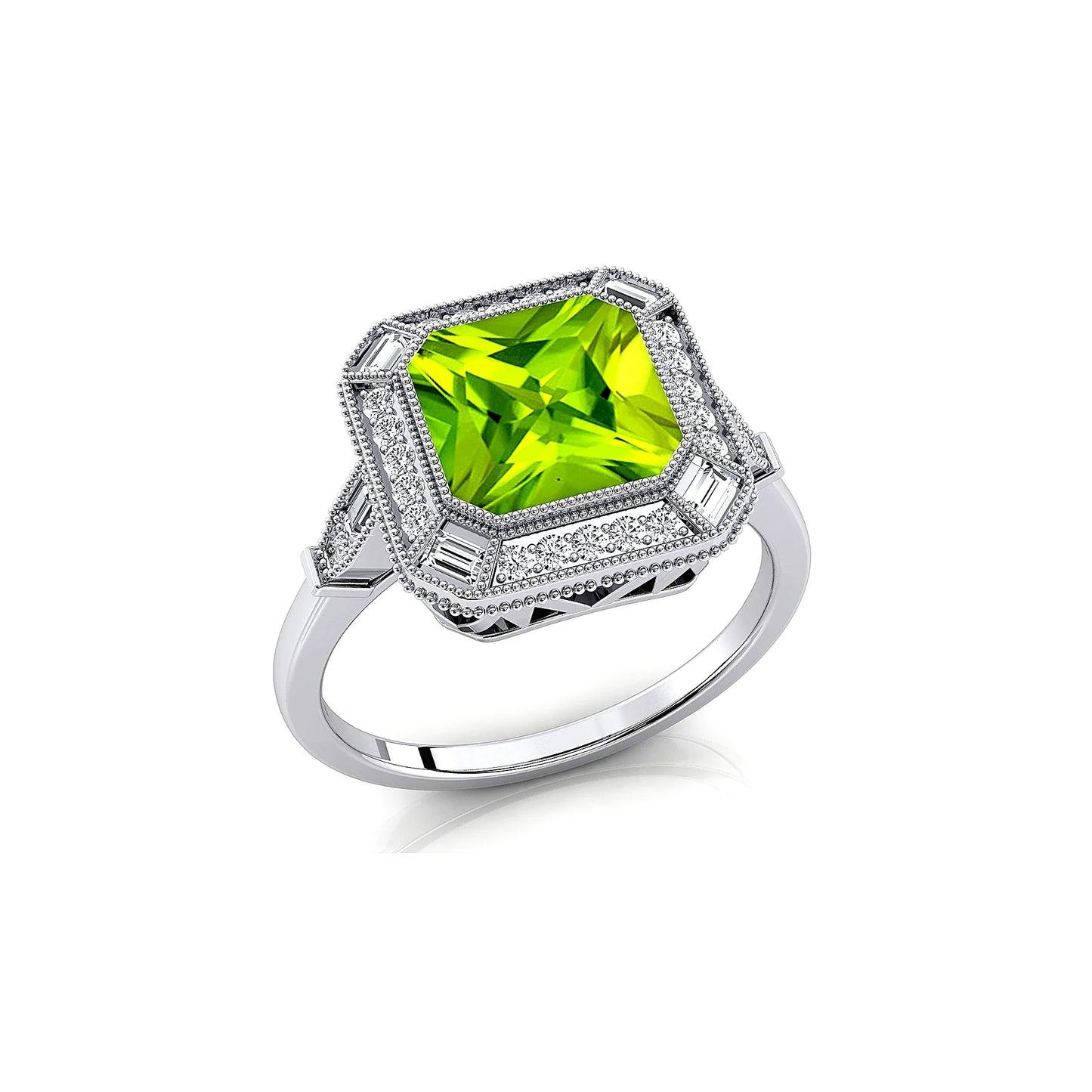 Natural Peridot Gemstone Halo Solitaire Rings 18k Solid Gold Natural White Diamonds Rhodium Plated Halo Solitaire Ring For Her