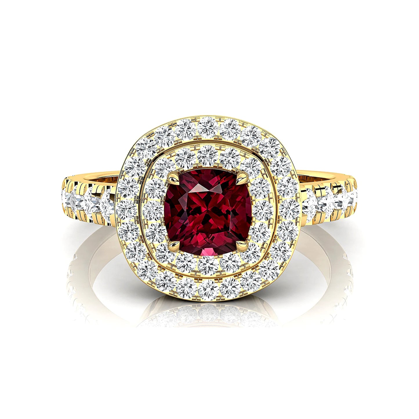 18kt Solid Gold 5mm Cushion Cut Natural Garnet Real Diamonds Rhodium Plated Prong Setting Halo Ring Fine Jewelry OEM Wholesale