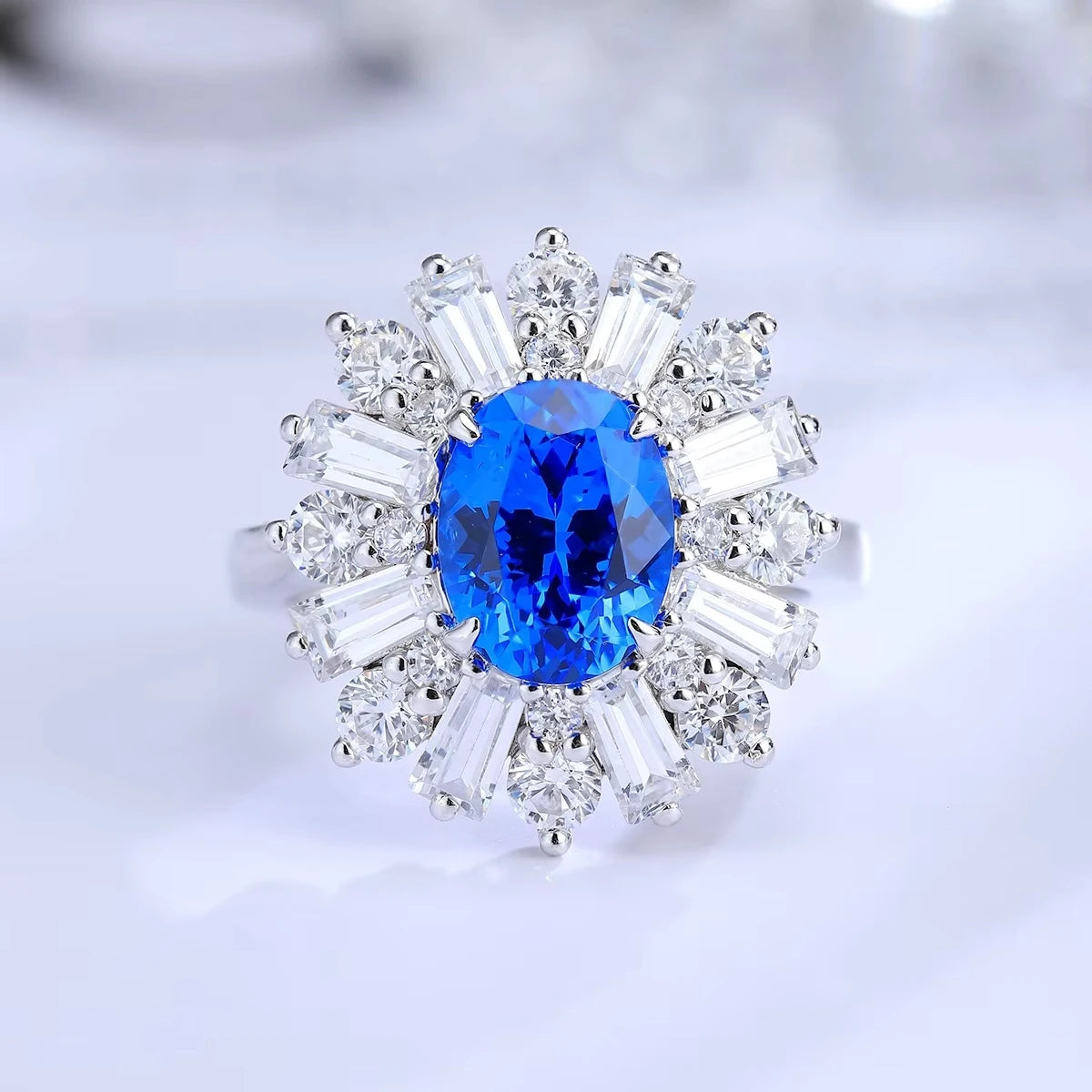 Gemfiori Anster Oval Cut Lab Made Diamonds and Ring S925 Sterling Silver Lab Created Cobalt Spinel Women Ring