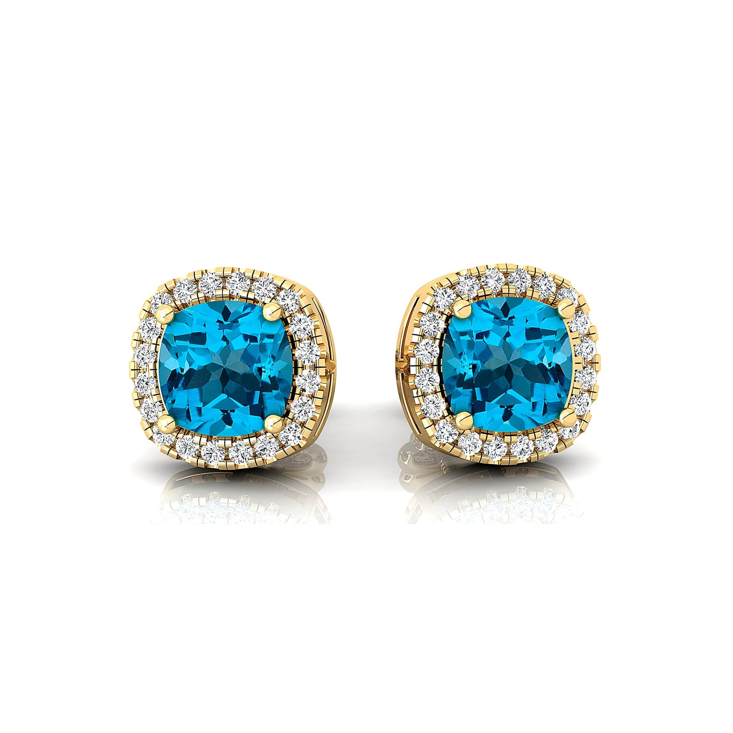 Swiss Blue Topaz Gemstone & Real Diamond Stud Earrings Cushion Cut Halo Design Rhodium Plated Solid Gold Stud Earrings For Women