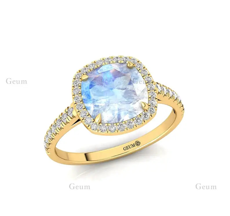 14k Solid Gold Natural Rainbow Moonstone June Birthstone Cushion Shape Prong Set Third Party Certified Handmade Wedding Ring