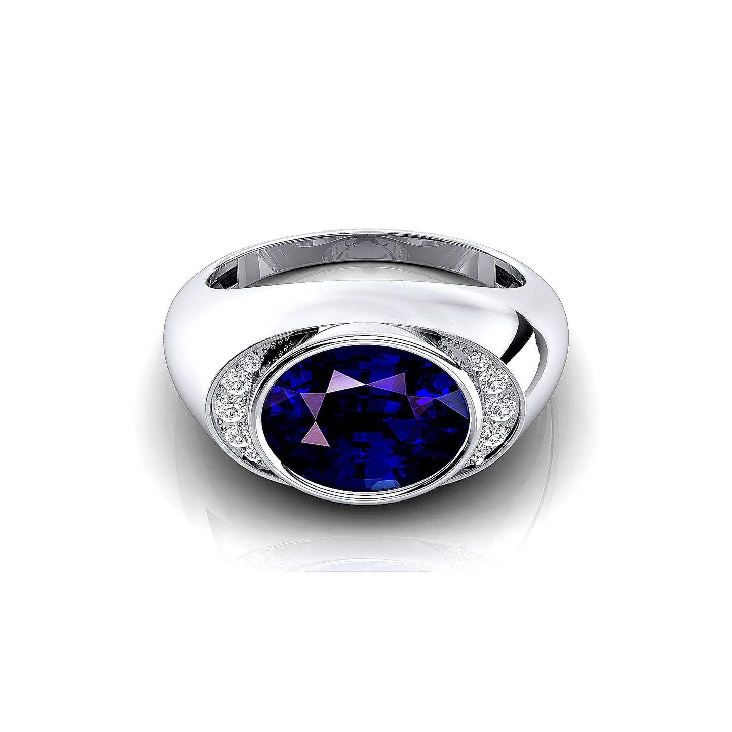 Oval Cut Lab Grown Blue Sapphire Gemstone Solid Gold Rhodium Plated Bezel Setting Ring With Real Diamonds Luxurious Ring Gift