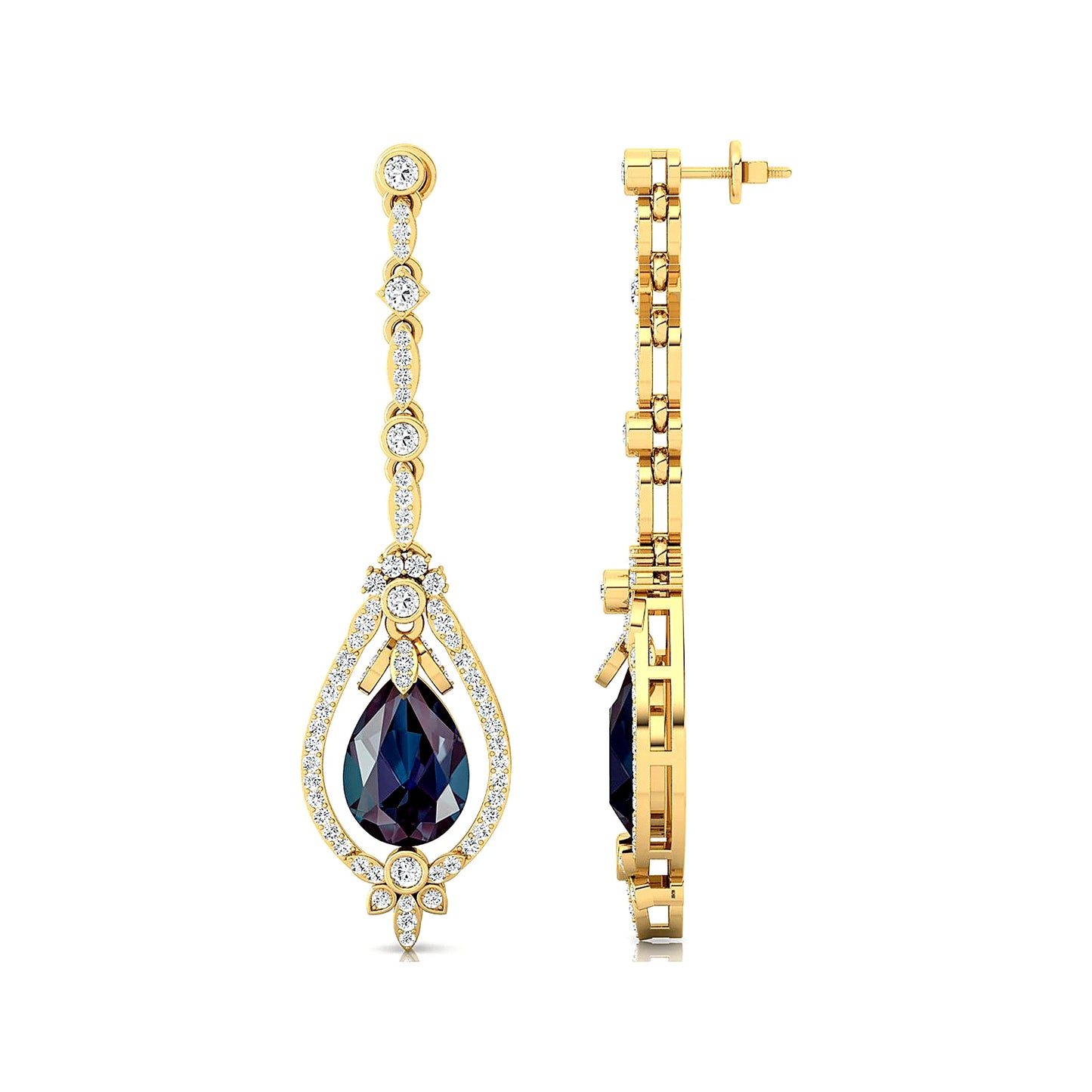 Lab Grown Alexandrite Gemstone Dainty Earrings Gift 18k Solid Gold Rhodium Plated Real Diamonds Luxurious Dangle Halo Earrings