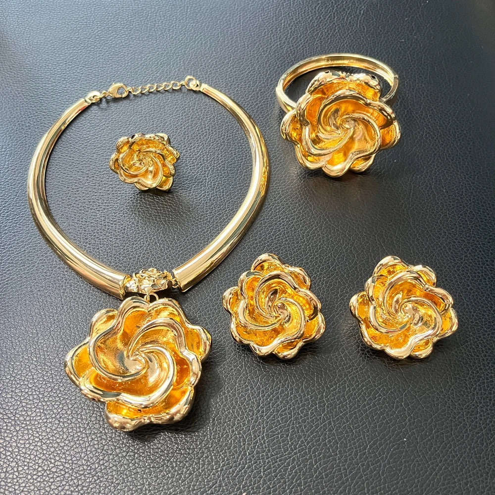 Zhuerrui Wholesale Luxury Gold Plated Rose Flower 4PCS Jewelry Set Dubai African Wedding Necklace Earrings Bracelet Ring HK52822