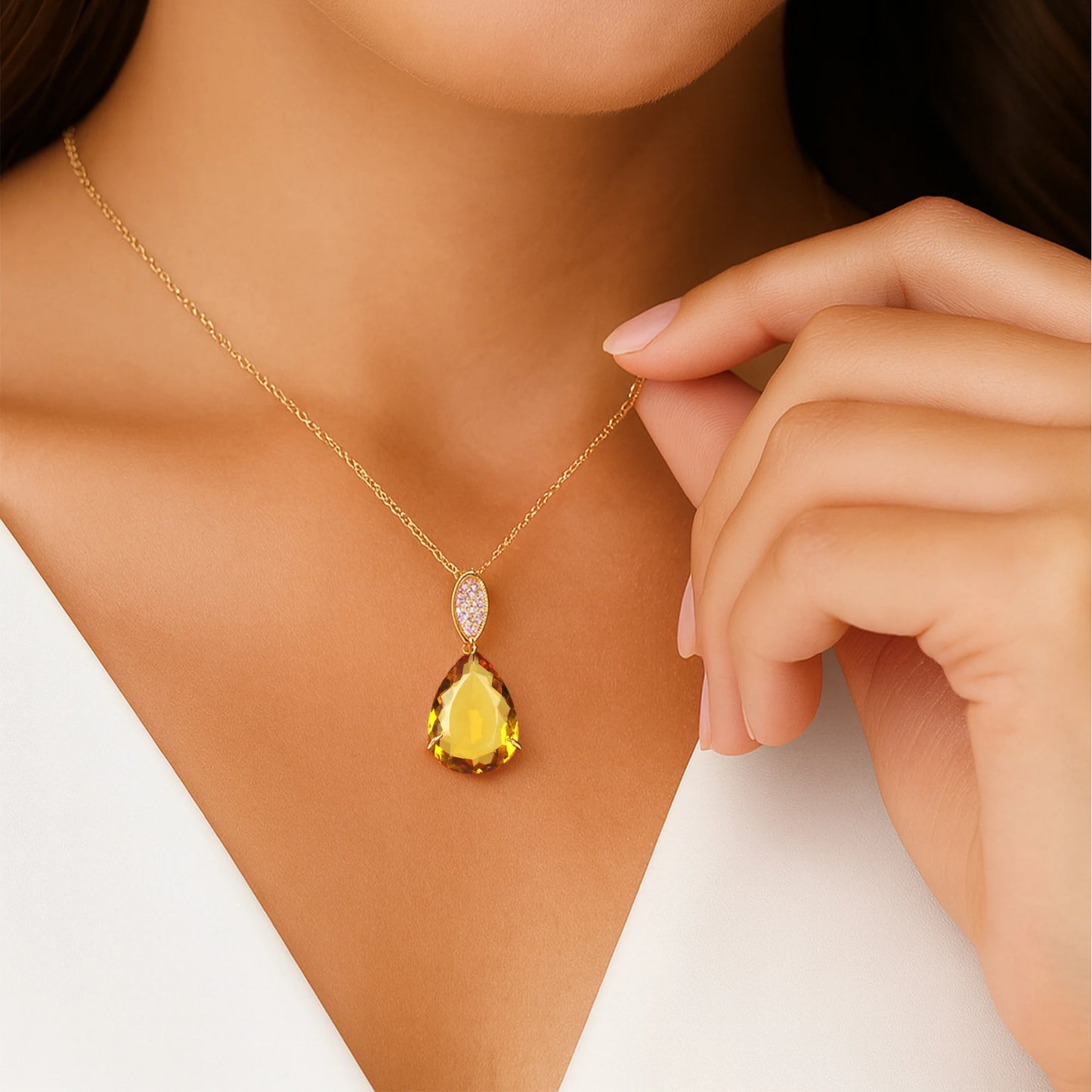 100% Natural Citrine Gemstone Cute Design Tear Drop Pendants Solid Gold Rhodium Plated Prong Set Wholesale Diamond Necklace