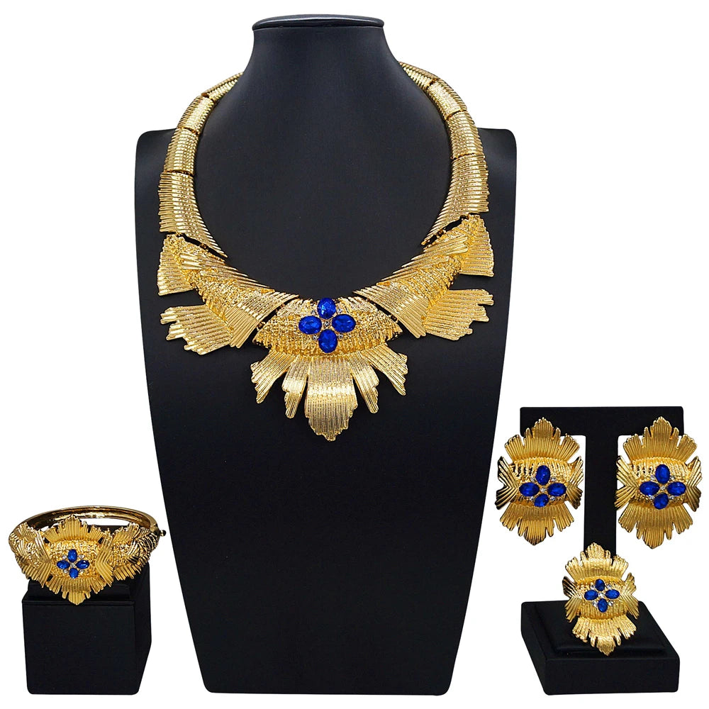 Zhuerrui Dubai Gold Plated Jewelry Set Blue Stone Inlaid Statement Fan Necklace Earrings Bracelet Ring Women Ceremony I005220
