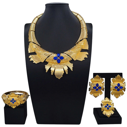 Zhuerrui Dubai Gold Plated Jewelry Set Blue Stone Inlaid Statement Fan Necklace Earrings Bracelet Ring Women Ceremony I005220
