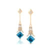 18k Solid Gold Cute Wedding Gift Earrings with London Blue Topaz and Round Cut Diamonds Luxurious Drop Earrings For Birthday