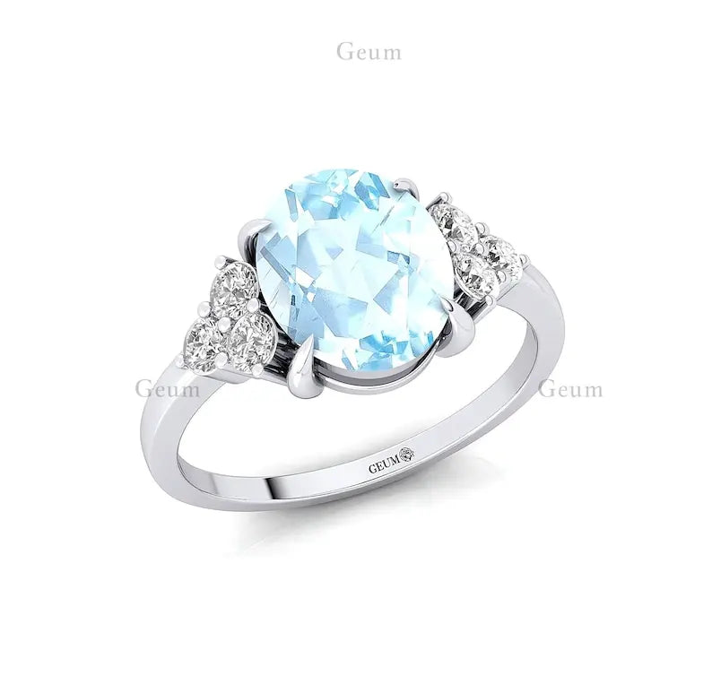 Latest Design Handmade Natural Aquamarine Gemstone Real Diamond Halo Solitaire Rings 18k Solid Gold Prong Setting Ring Jewelry