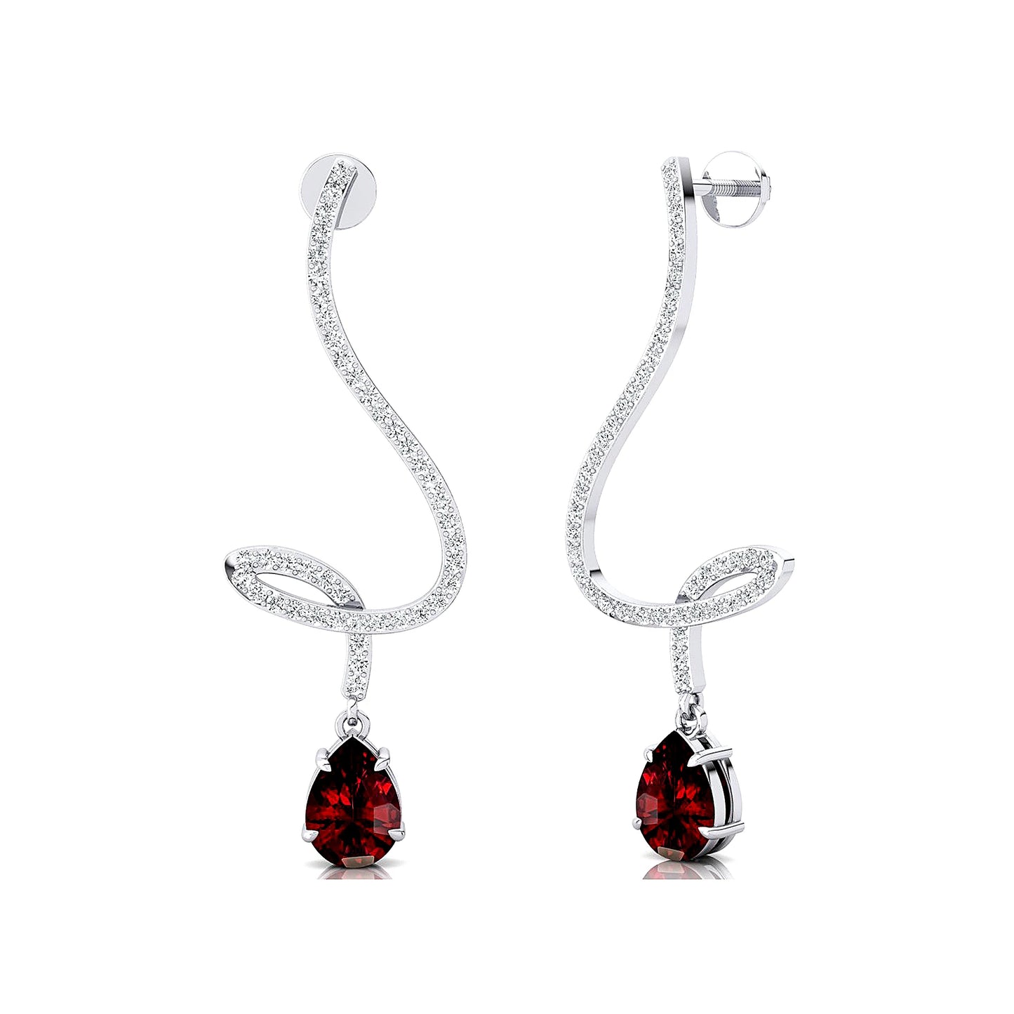 Natural Garnet Gemstone Real Spiral Diamonds Long Dangling Drop Earrings 18K Solid Gold Rhodium Plated Wedding Gift For Her