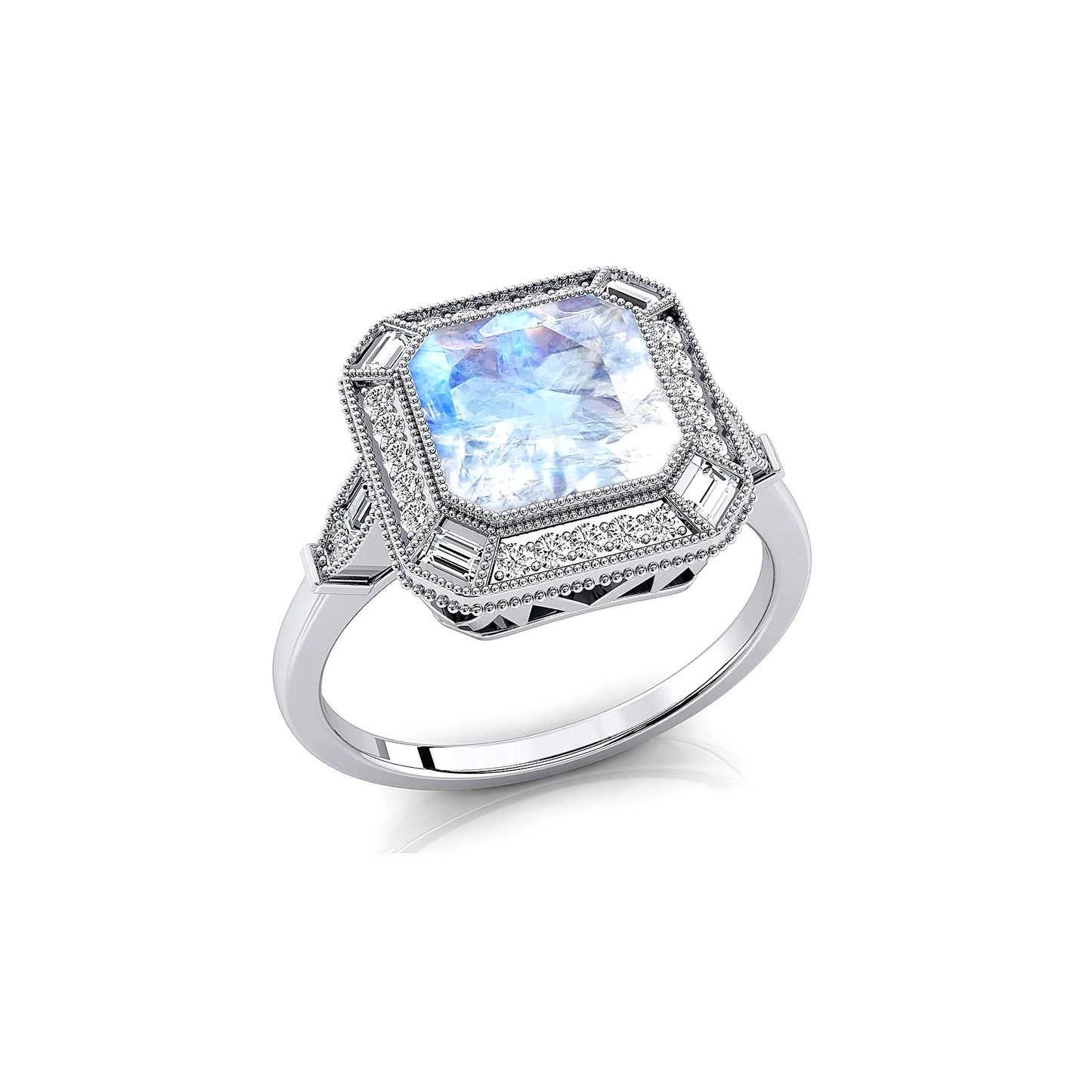 Luxurious Design Natural Rainbow Moonstone Gemstone Dainty Rings 18k Solid Gold Rhodium Plated Classic Wedding Real White