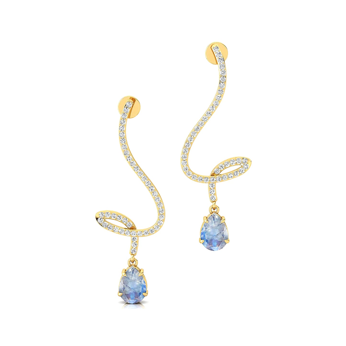 14k Solid Gold Handmade Earrings Unique Pear Cut Natural Rainbow Moonstone & Real Diamonds Dangling Drop Earrings Jewelry Gift