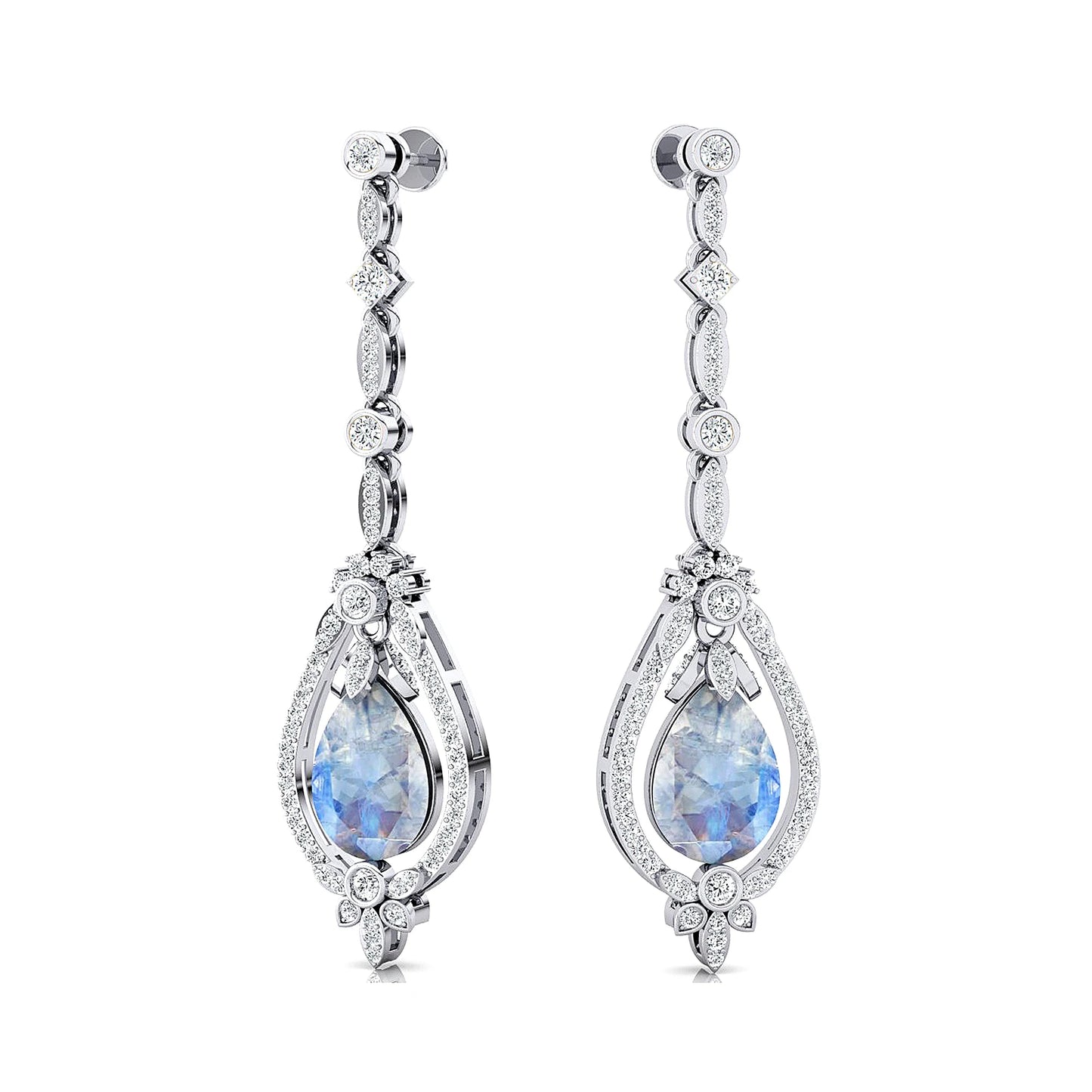 Natural Rainbow Moonstone Gemstone and Real Diamonds Dangle Drop Earrings Dainty 18K Solid Gold Rhodium Plated Wedding Party