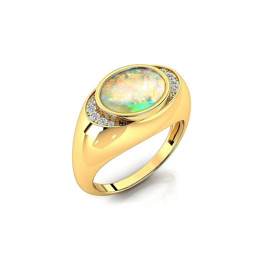 Minimalist Design Oval Cut Natural Ethiopian Opal Gemstone Wedding Luxurious Signet Ring With Real Diamonds 18k Solid Gold Rings