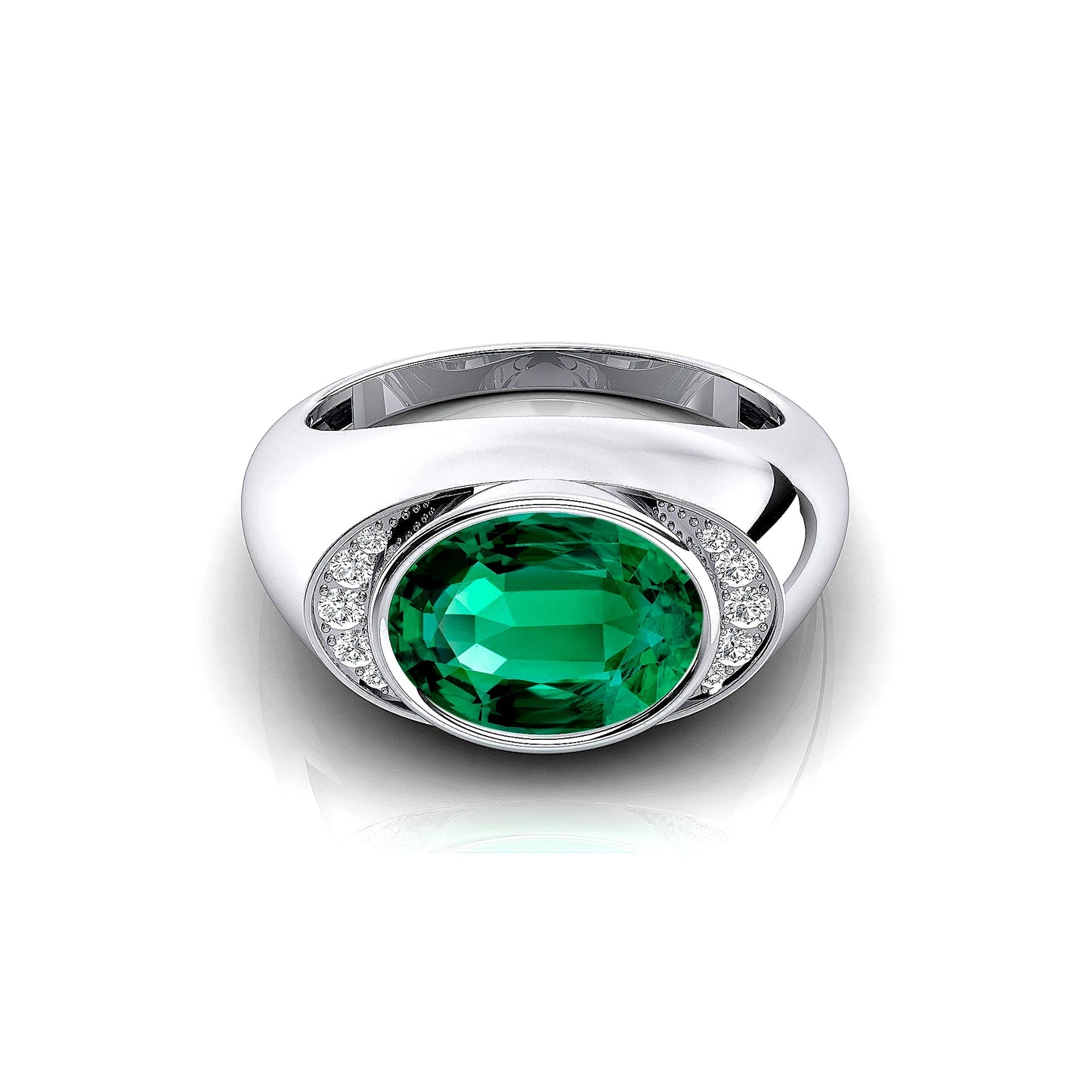 Exquisite 18K Solid Gold Classic Wedding Rings with Oval Cut Lab Grown Emerald and Real White Diamonds Rhodium Plated Ring Gift
