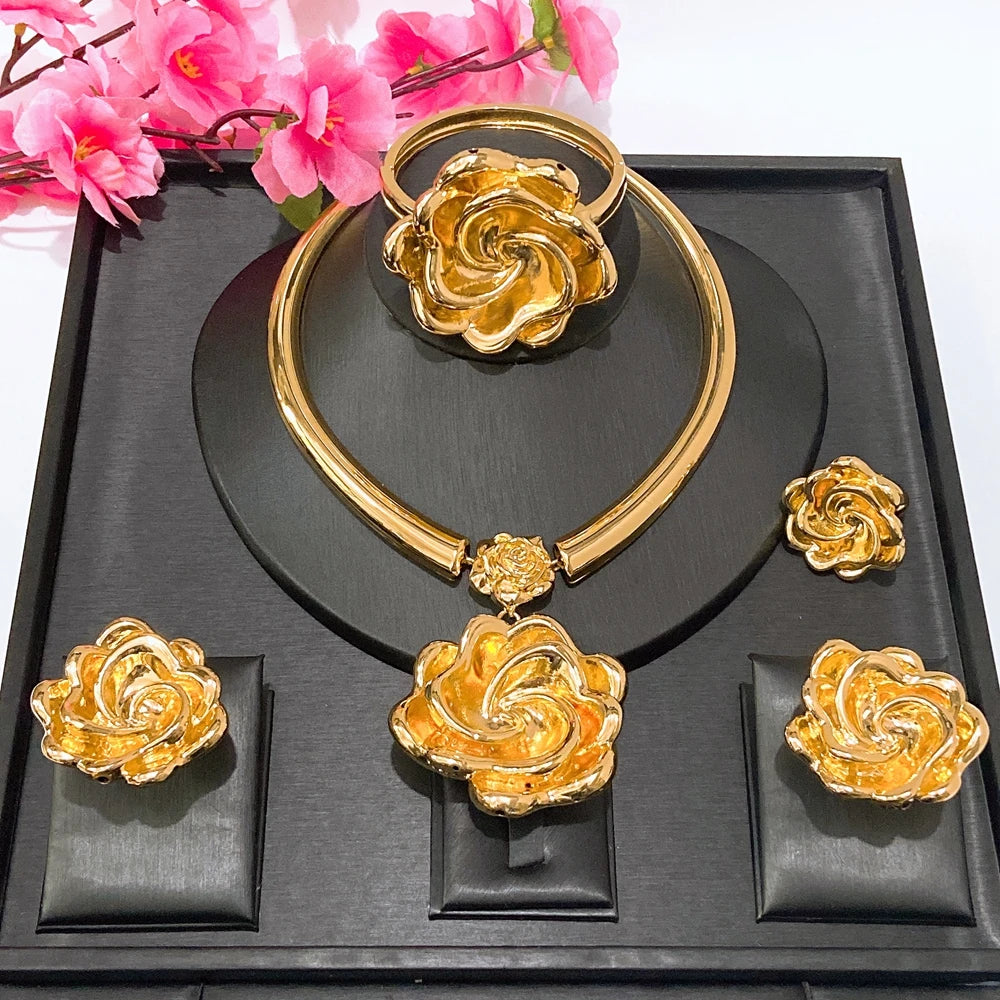 Zhuerrui Wholesale Luxury Gold Plated Rose Flower 4PCS Jewelry Set Dubai African Wedding Necklace Earrings Bracelet Ring HK52822