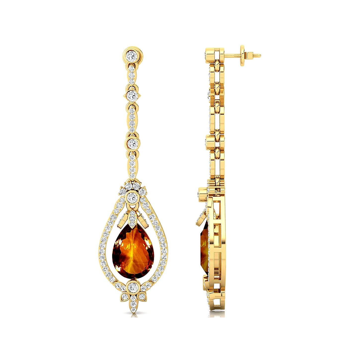 18k Gold Natural Citrine Gemstone Real Diamond Dangle Drop Earrings 14K Solid Gold Rhodium Plated Certified Cute Design Weddings