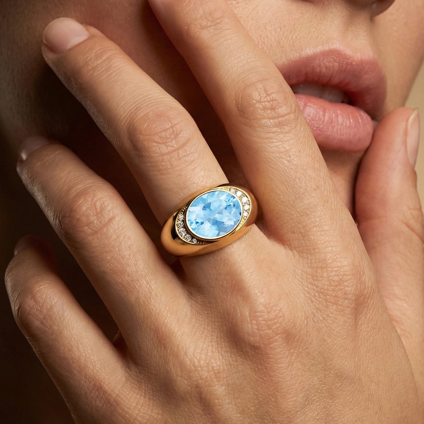 18k Solid Gold Unique Design Luxurious Wedding Signet Rings Studded Natural Aquamarine Gemstone Real Diamonds Rhodium Plated
