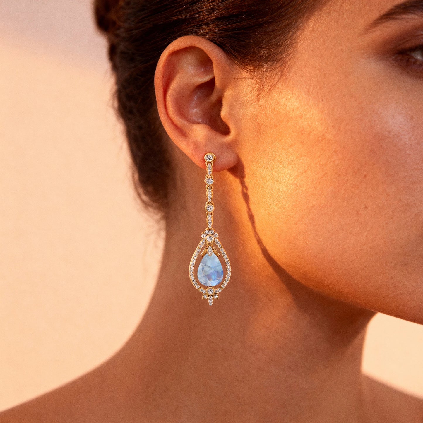 Natural Rainbow Moonstone Gemstone and Real Diamonds Dangle Drop Earrings Dainty 18K Solid Gold Rhodium Plated Wedding Party