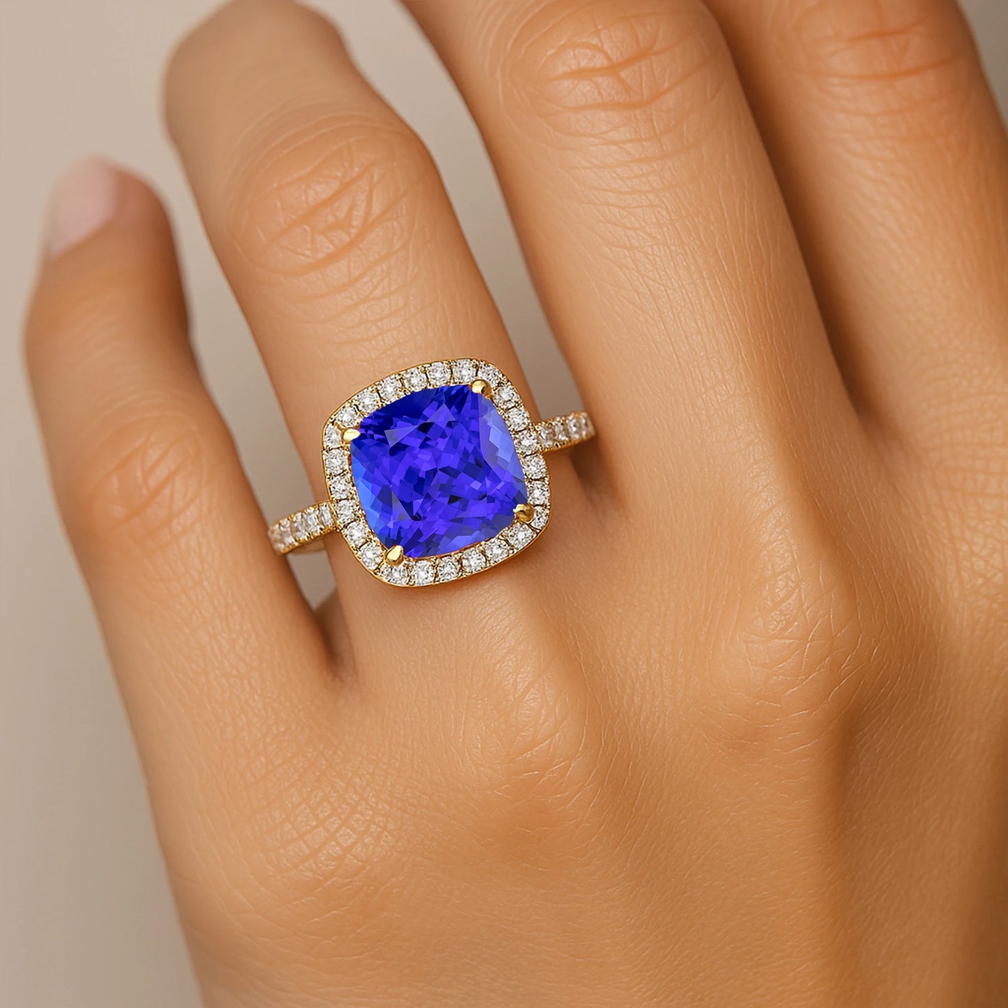 Solid Gold Classic Natural Tanzanite & Real Diamond Birthstone Anniversary Wedding Engagement Ring Gift for Mother Party