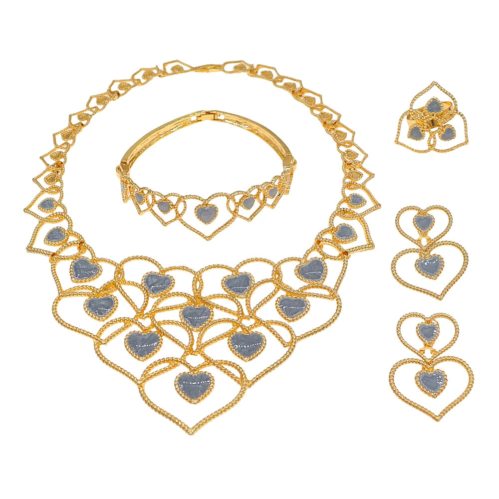 Zhuerrui Dubai Gold Plated Jewelry Set Layered Heart Inlaid Gold Weave Necklace Earrings Bracelet Ring for Women Wedding I005520