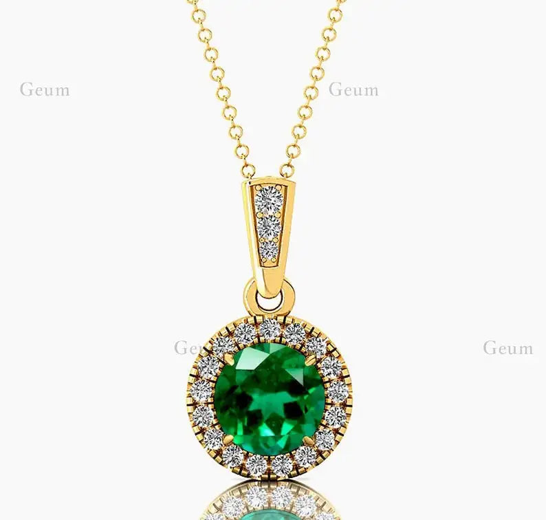 Halo Solitaire Charm Pendant Necklace Lab Grown Emerald Gemstone Genuine White Diamonds Cute Style Rhodium Plated Certified Gold