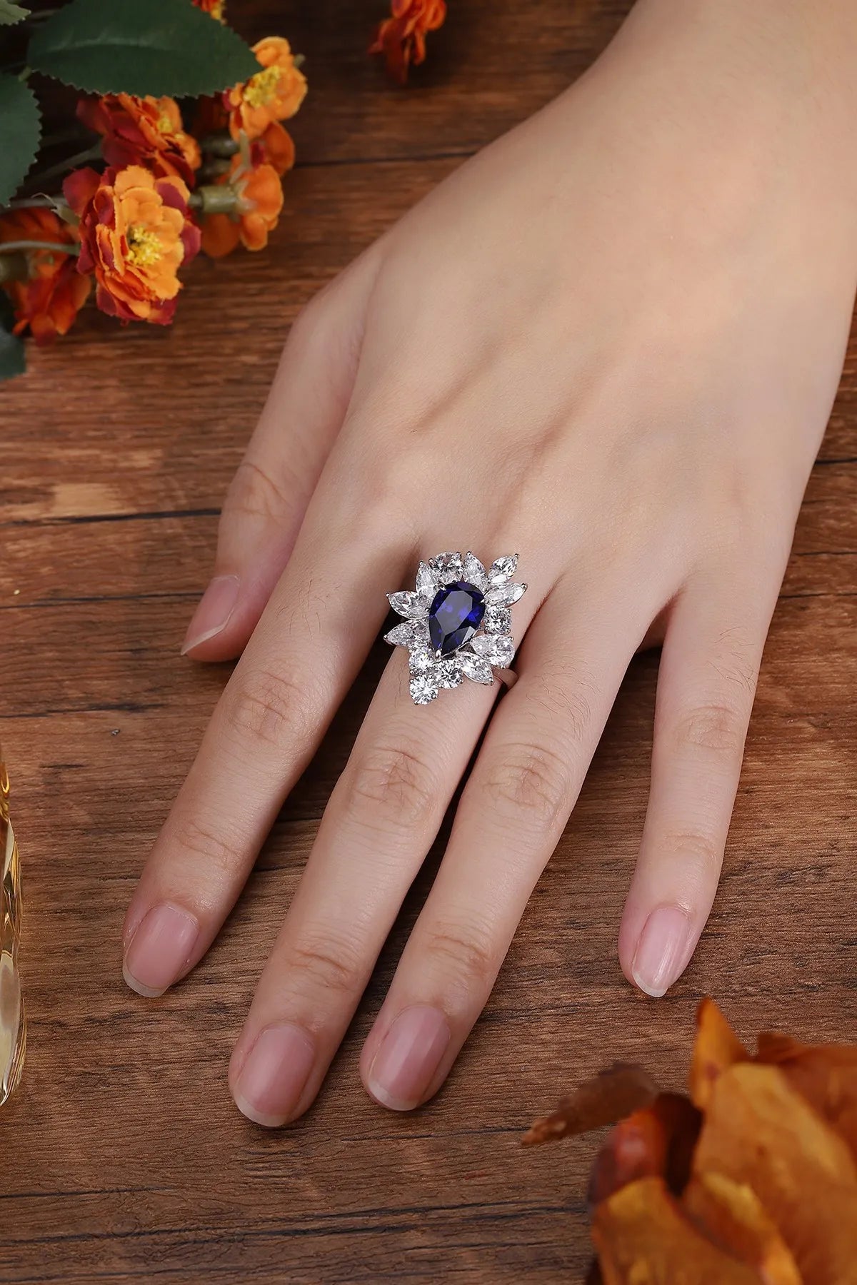 Gemfiori Anster Pear Cut Lab Made Diamonds and Ring S925 Sterling Silver Lab Created Blue Sapphire Women Ring